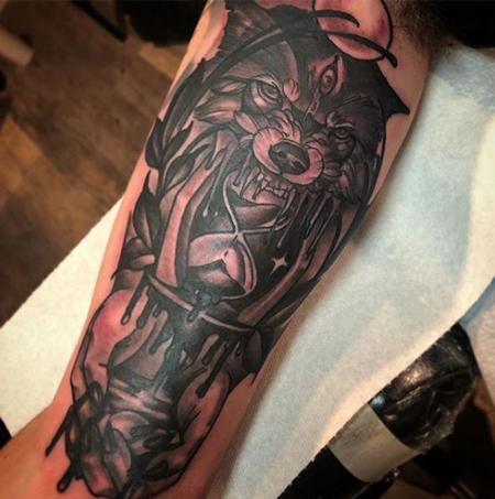 Tattoos - Dark Wolf with Hourglass and Hands Tattoo - 137688